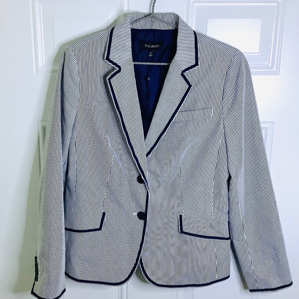 Talbots Summer Seersucker Preppy Nautical Size 8 Blazer Jacket Faux Pockets Work